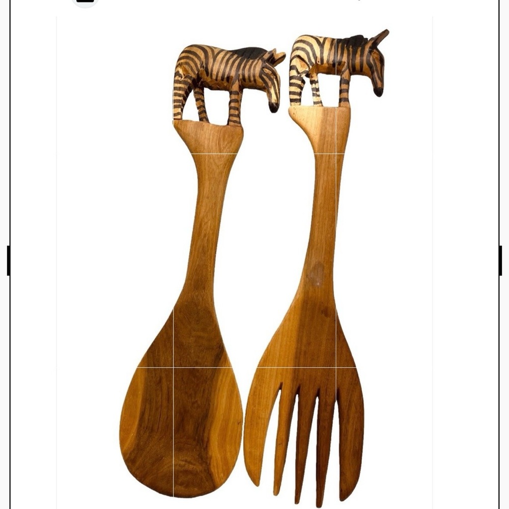 Handcrafted Wooden Zebra Salad Servers 12” Fork & Spoon